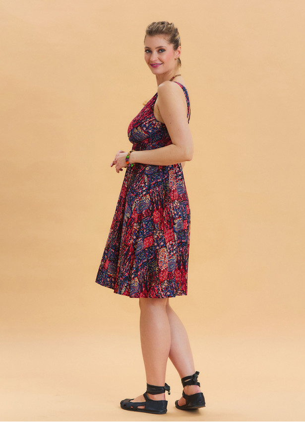 V Neck Robe Red Patterned Ethnic Dress 4515